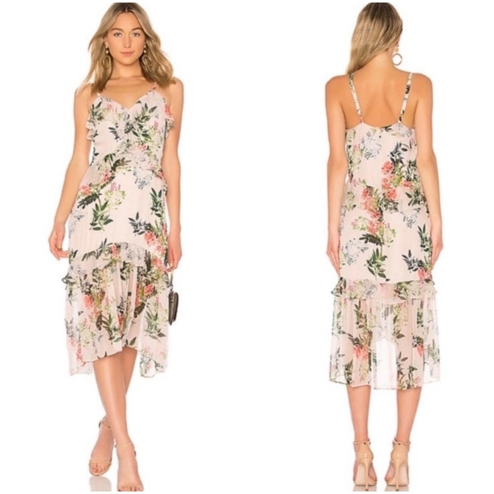 Parker Josie Silk Floral Midi Dress Portofino Pink Ruffle High Low Womens Size 8